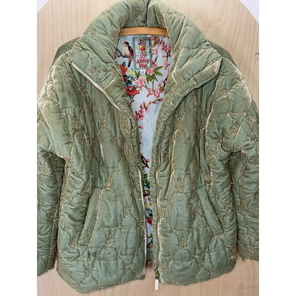 EUC Johnny Was Zaelia Lux Quilted Velvet Puffer Mint Green Coat Gold Trim XS/S - Picture 14 of 16